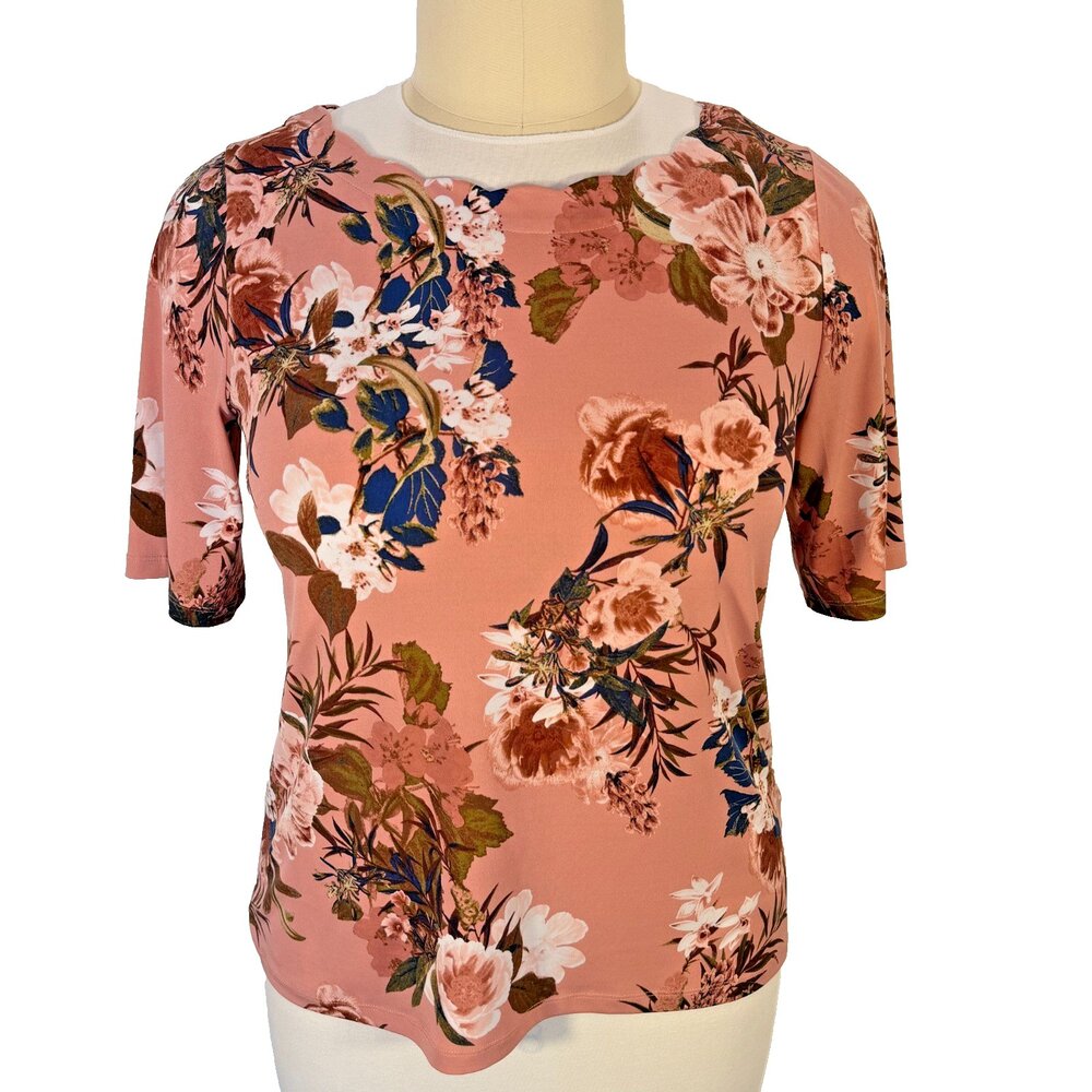 Preston & York Blouse Top Womens L Smokey Pink Floral Short Sleeve Scallop Neck